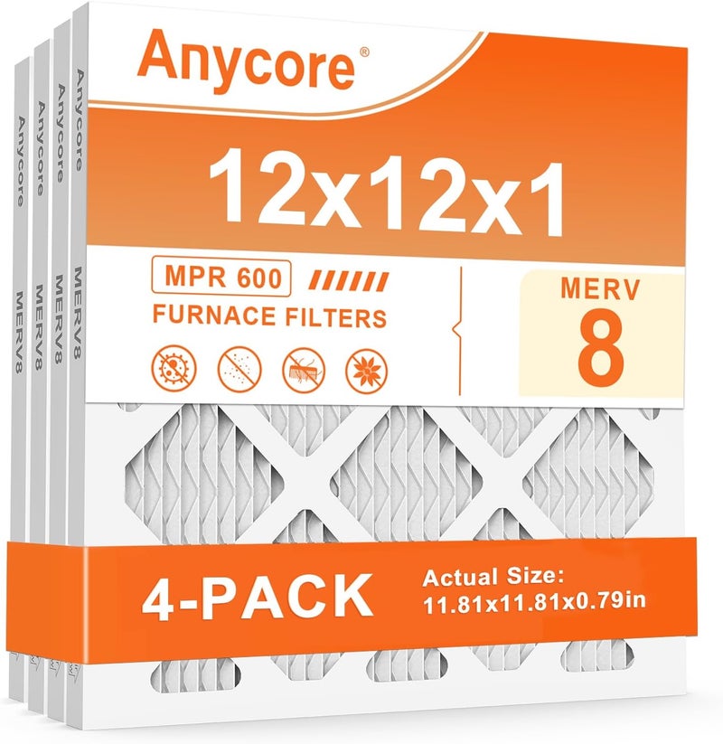 Anycore 12x12x1 Air Filter 4 Pack MERV 8 Furnace HVAC AC Pleated Air Filters for Home Office MPR 600 FPR 5 (Actual Size: 11.81x11.81x0.79 inch) - Image 1
